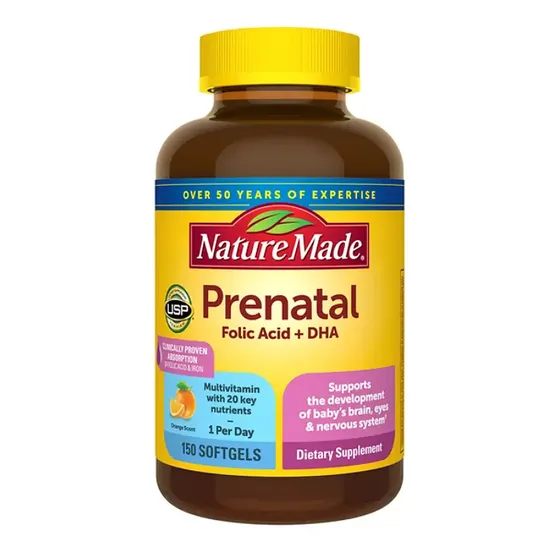 Suplemento Vitamínico Prenatal de Nature Made con Ácido Fólico y DHA, 150 Cápsulas Blandas