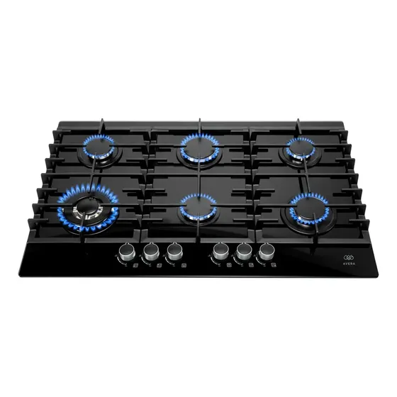 Parrilla de Gas 6 Quemadores Premium, Vidrio Templado Negro 90 cm Empotrable, Encendido Electrónico, Perillas Metálicas, Estufa Empotrable, para Gas LP y Natural AVERA VT6