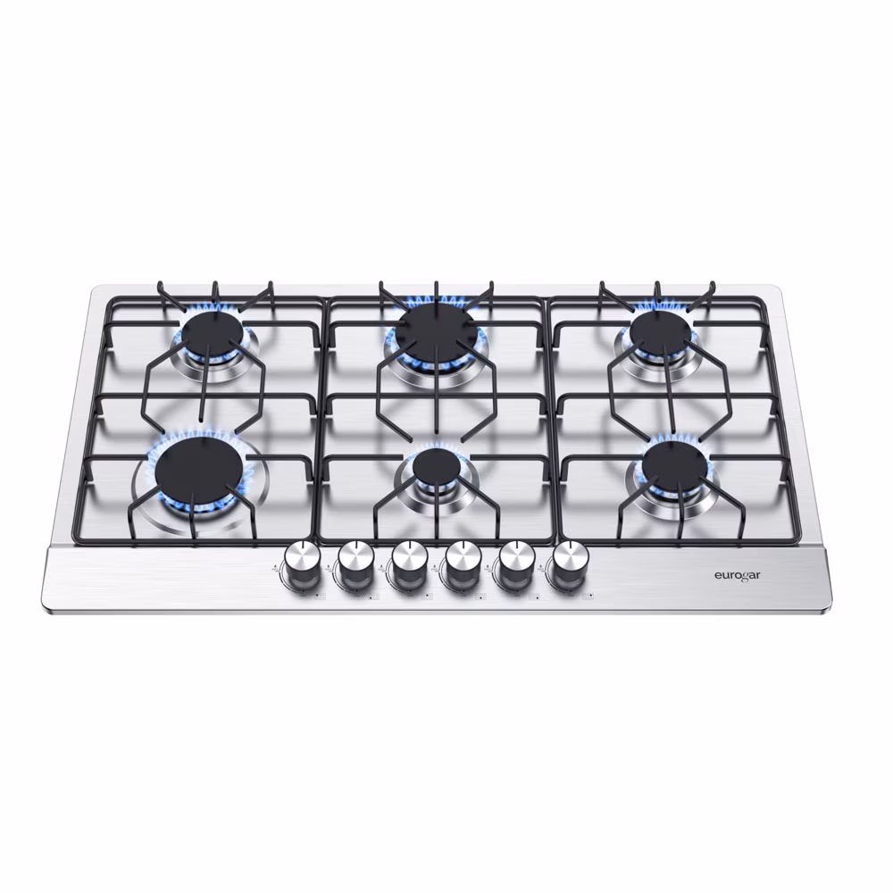 Parrilla de gas 6 quemadores, superficie de acero inoxidable 86 cm, compatible con gas LP y natural, Incluye espreas y manguera EUROGAR EU6AI