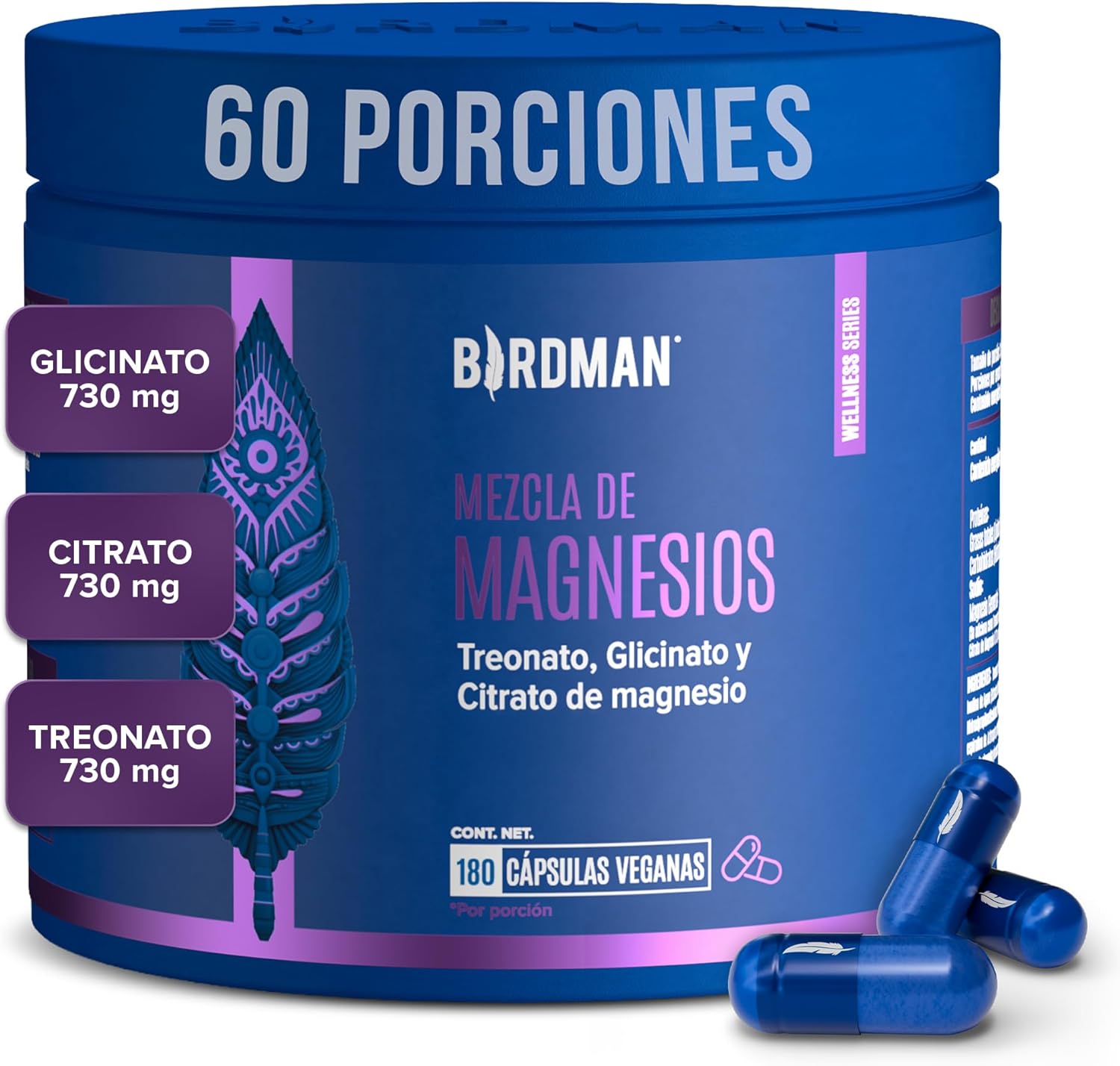 Birdman Mag Trifecta | Citrato, Treonato y Glicinato de Magnesio | 730 mg Magnesio Elemental | Sin Aditivos | Cápsula Vegana | 60 Porciones | 180 Cápsulas