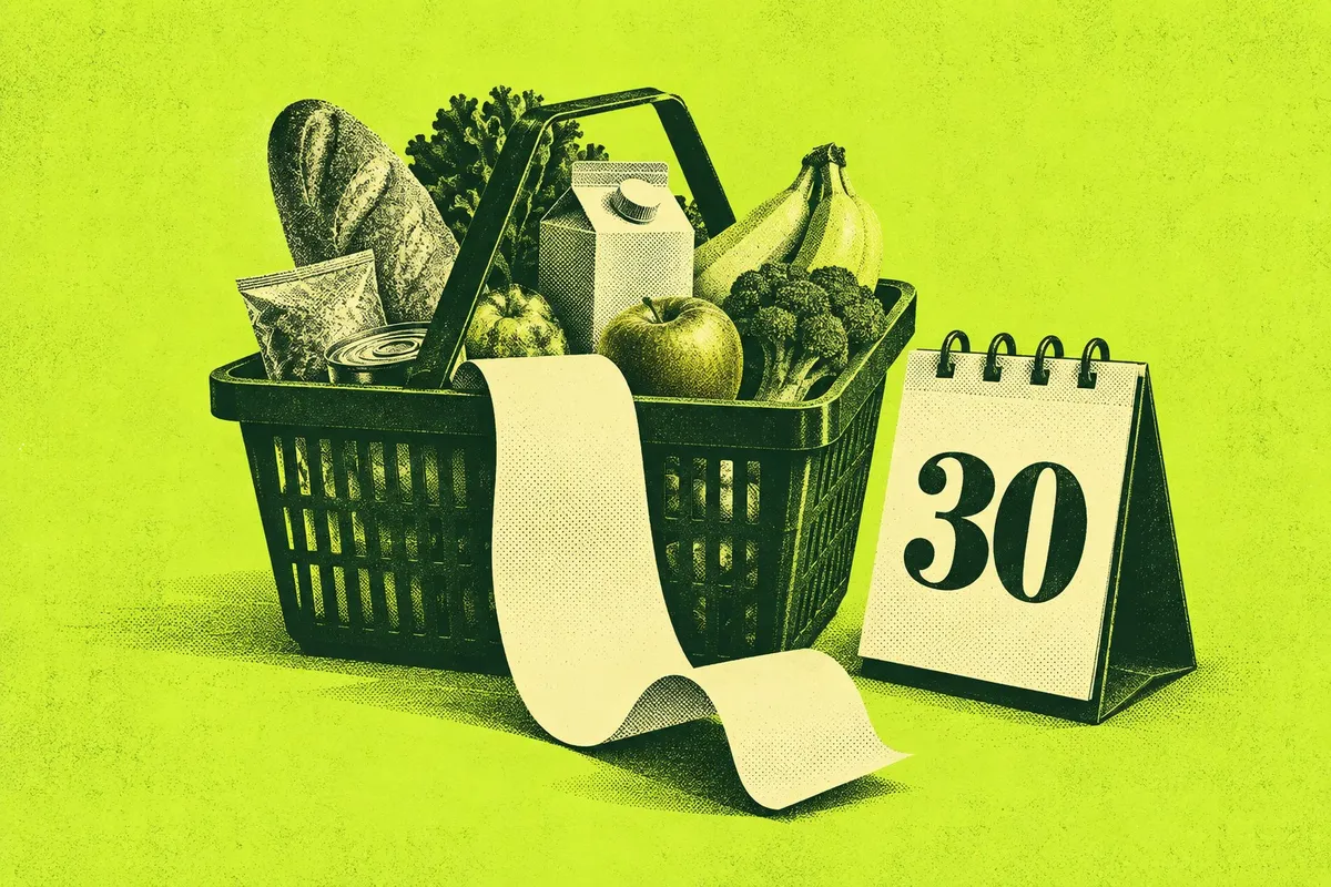 Original AI-generated illustration of a shopping basket, receipt and September 30 calendar.