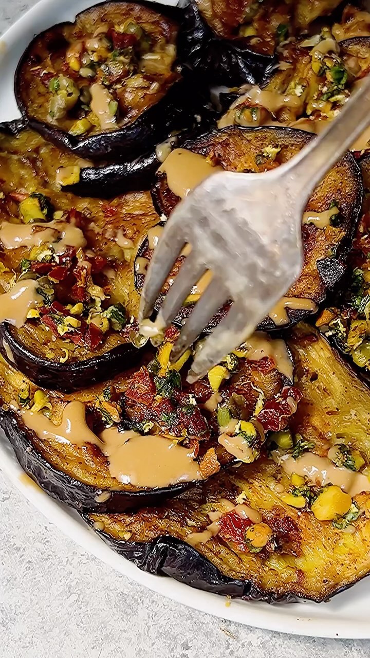 Garlic-Paprika Eggplant with Basil-Sun-Dried Tomato & Pistachio Crumble & Balsamic Maple