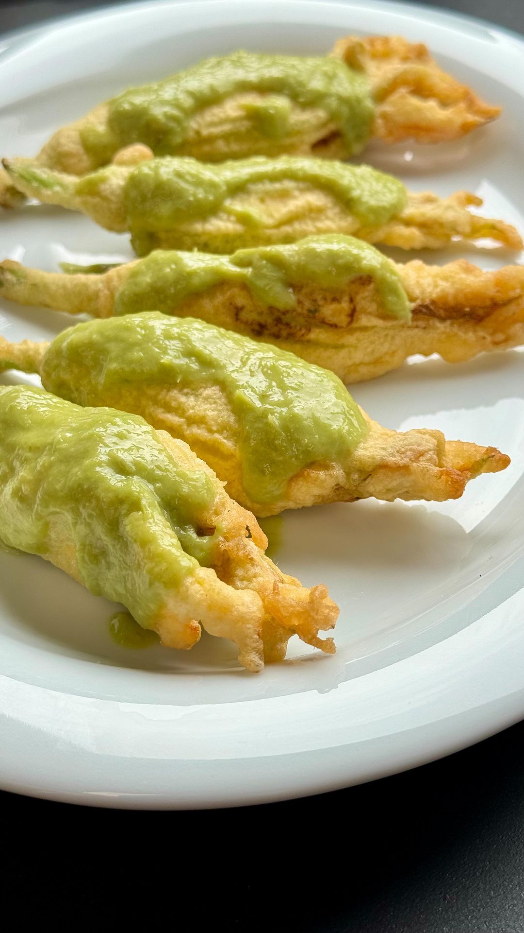 Crunchy Zucchini Flowers with Ricotta, Red Prawn, and Asparagus Cream