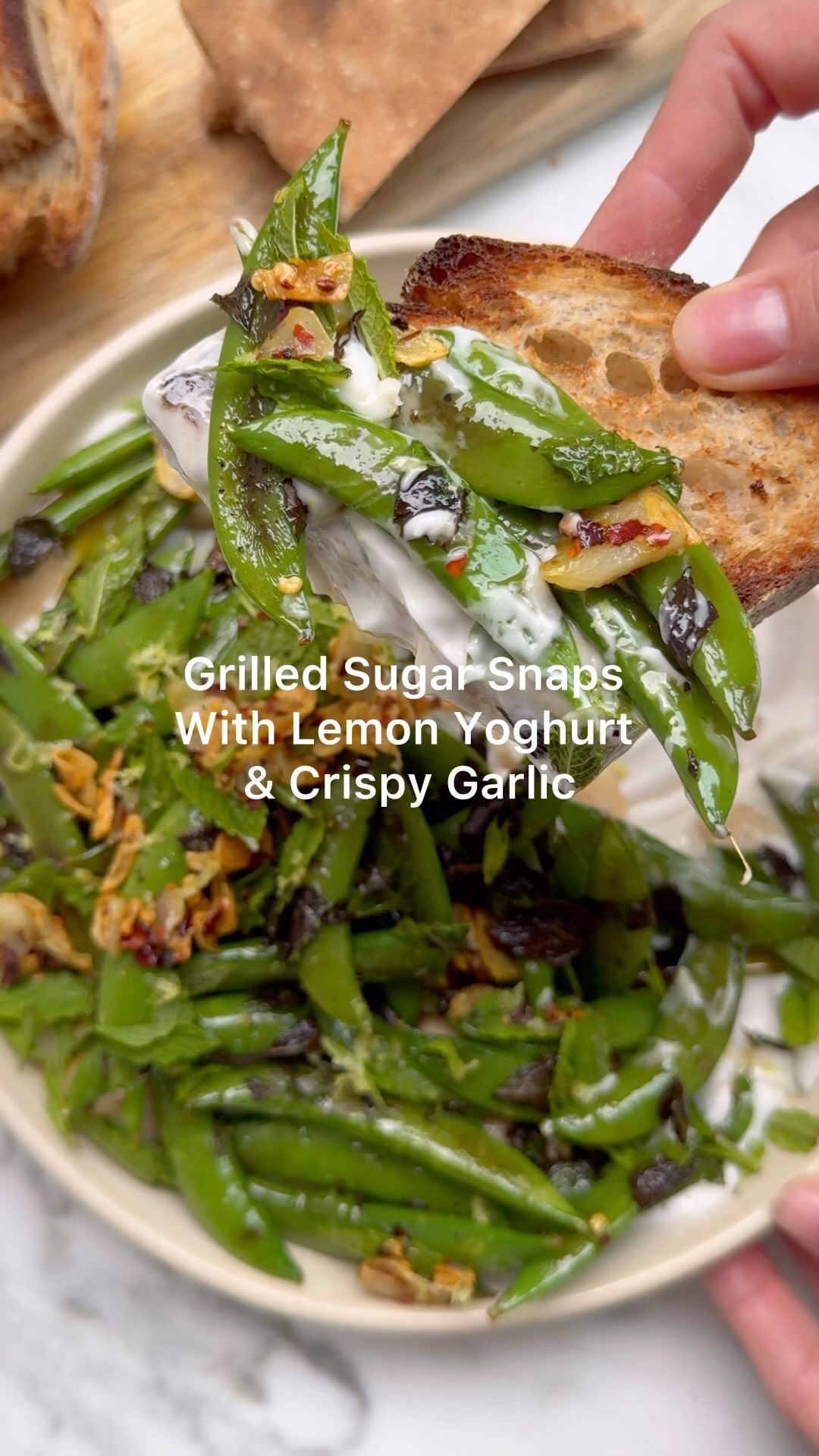 Crispy Chilli Garlic with Zesty Yoghurt and Grilled Sugar Snaps