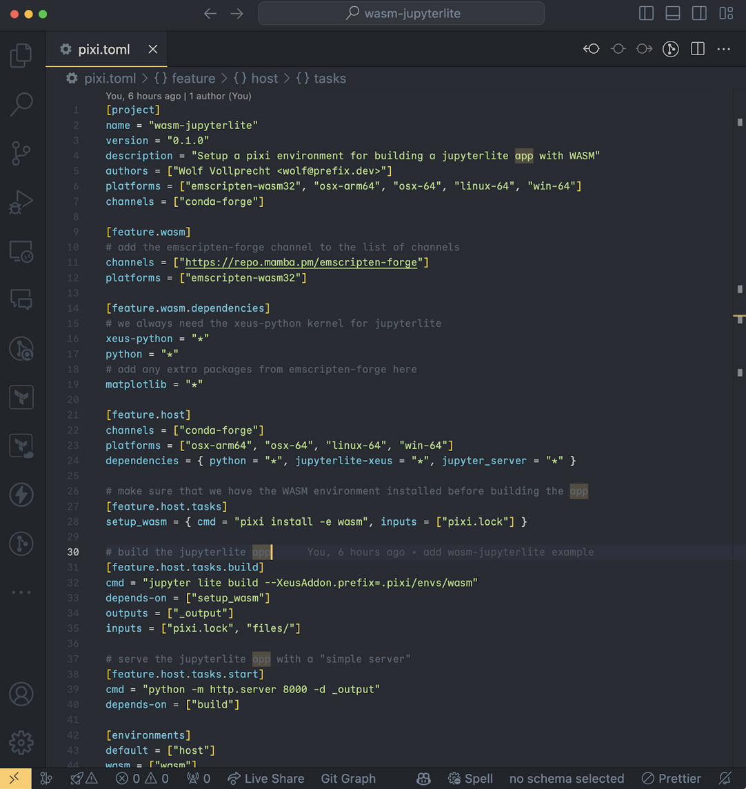 Screenshot of the pixi.toml file