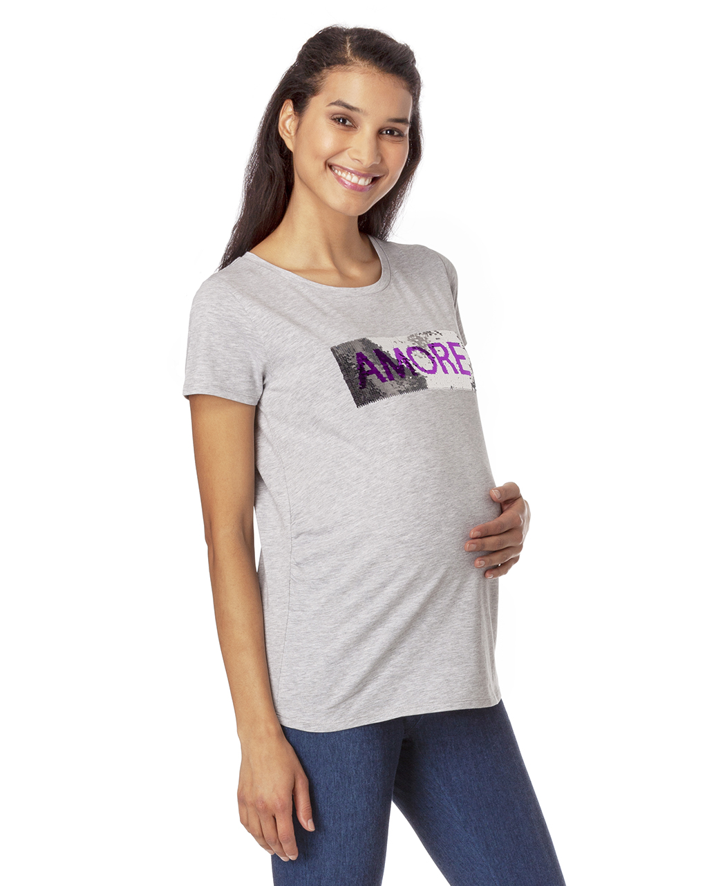 γυναικείο t-shirt εγκυμοσύνης με παγιέτες που αλλάζουν γκρι - Prénatal