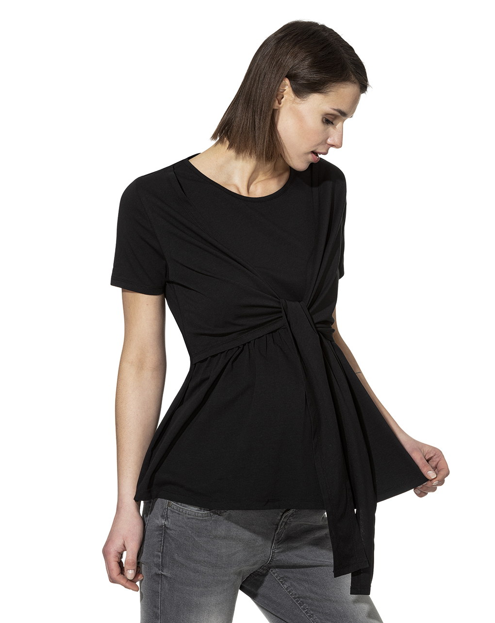γυναικείο t-shirt εγκυμοσύνης / θηλασμού μαύρο με δέσιμο - Prénatal