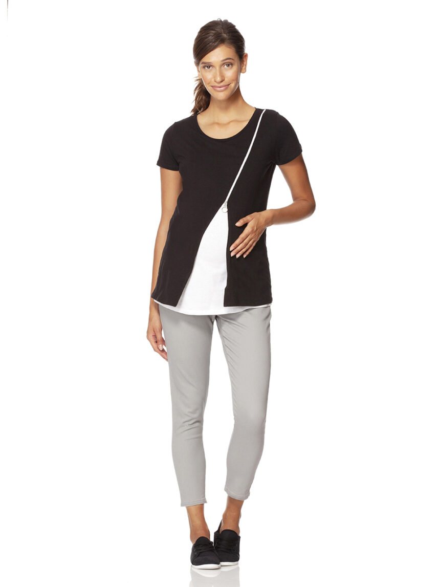 γυναικείο t-shirt θηλασμού με φερμουάρ μαύρο-λευκό - Prénatal