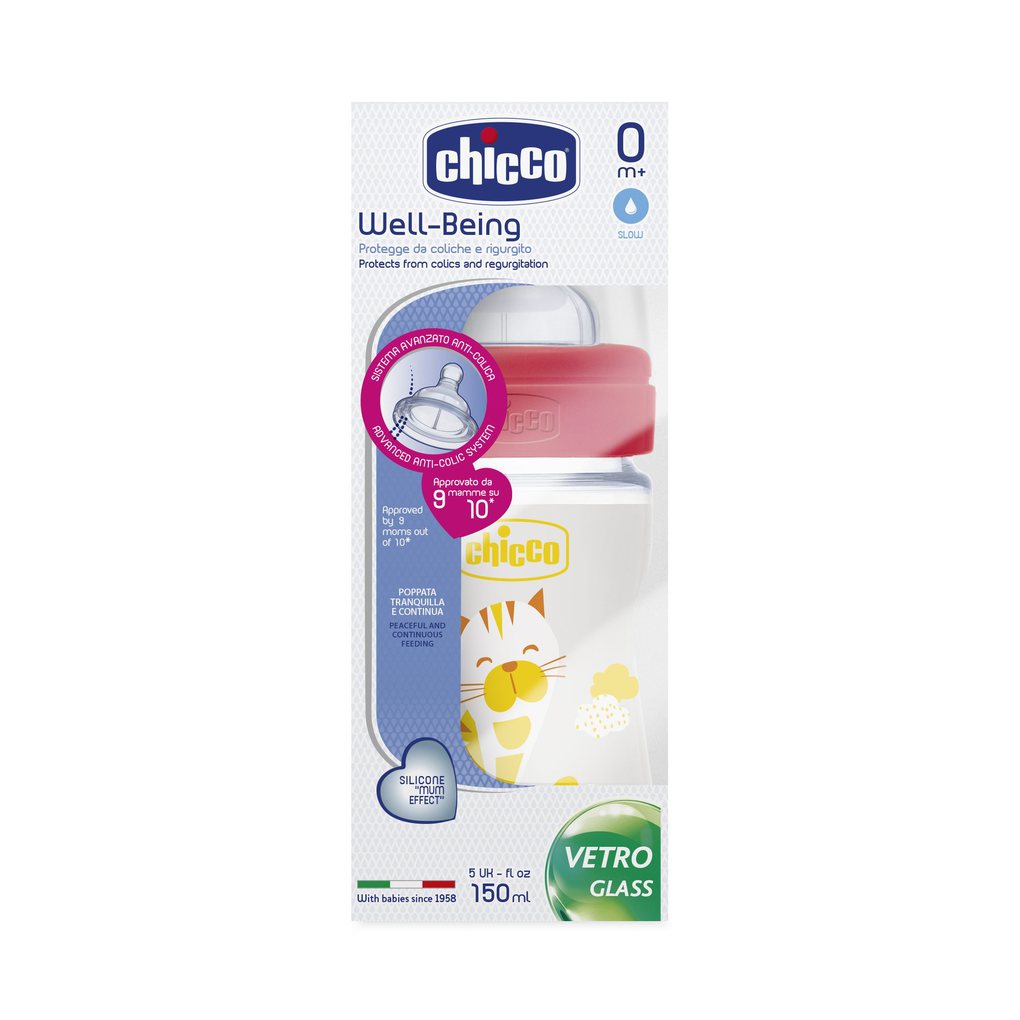 μπιμπερό γυάλινο με θηλή σιλικόνη 150 ml γάτος - Chicco