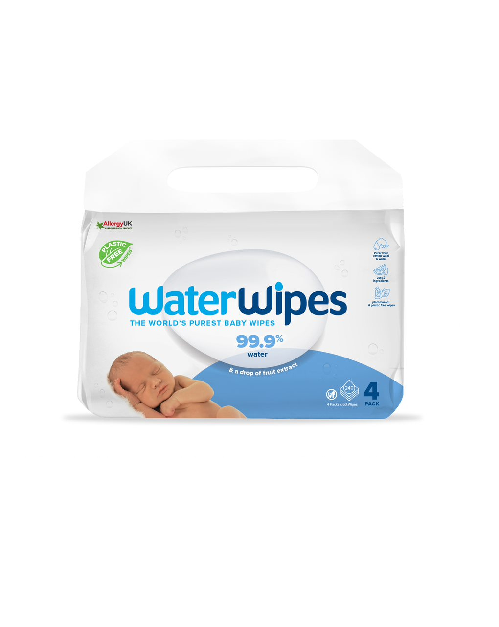 Waterwipes, 100% plastic-free άοσμα μωρομάντηλα, 99.9% νερό, 144 μαντηλάκια (4x60τμχ) ib/440016 - WaterWipes