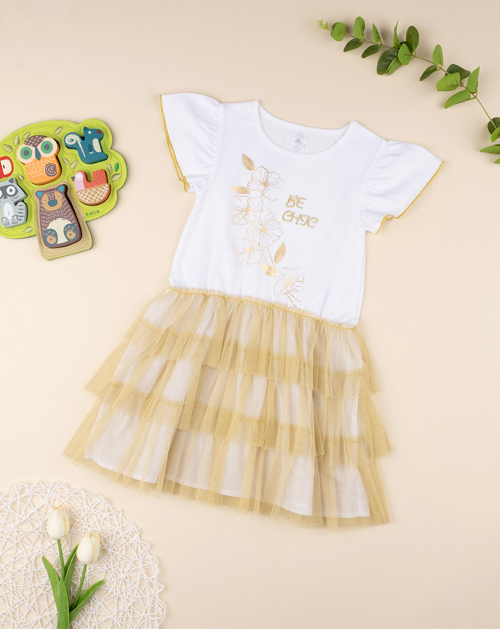 παιδικό φόρεμα λευκό/χρυσό με τούλι για κορίτσι - Prénatal