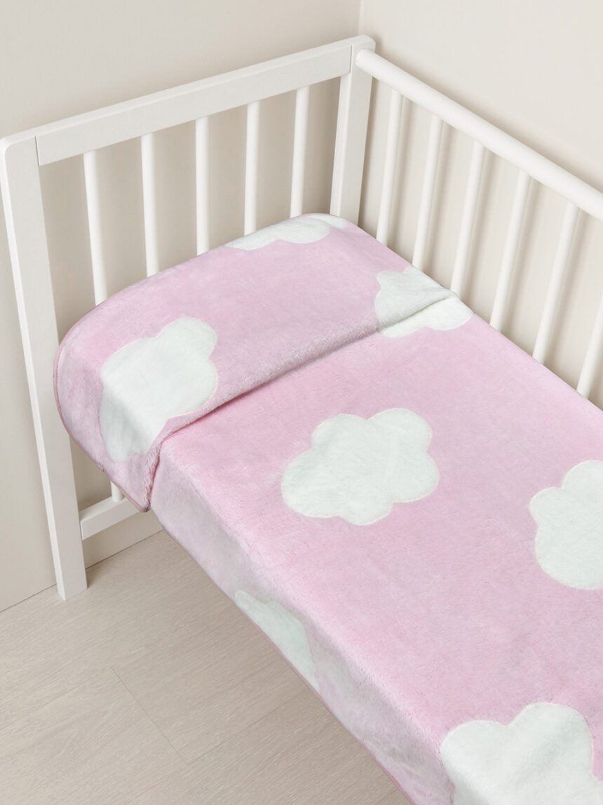 κουβέρτα για λίκνο γούνινη με συννεφάκια ροζ - 70 x 80 cm - Prénatal