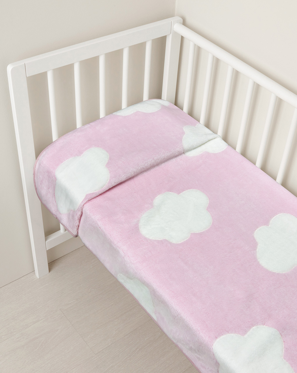 κουβέρτα για λίκνο γούνινη με συννεφάκια ροζ - 70 x 80 cm