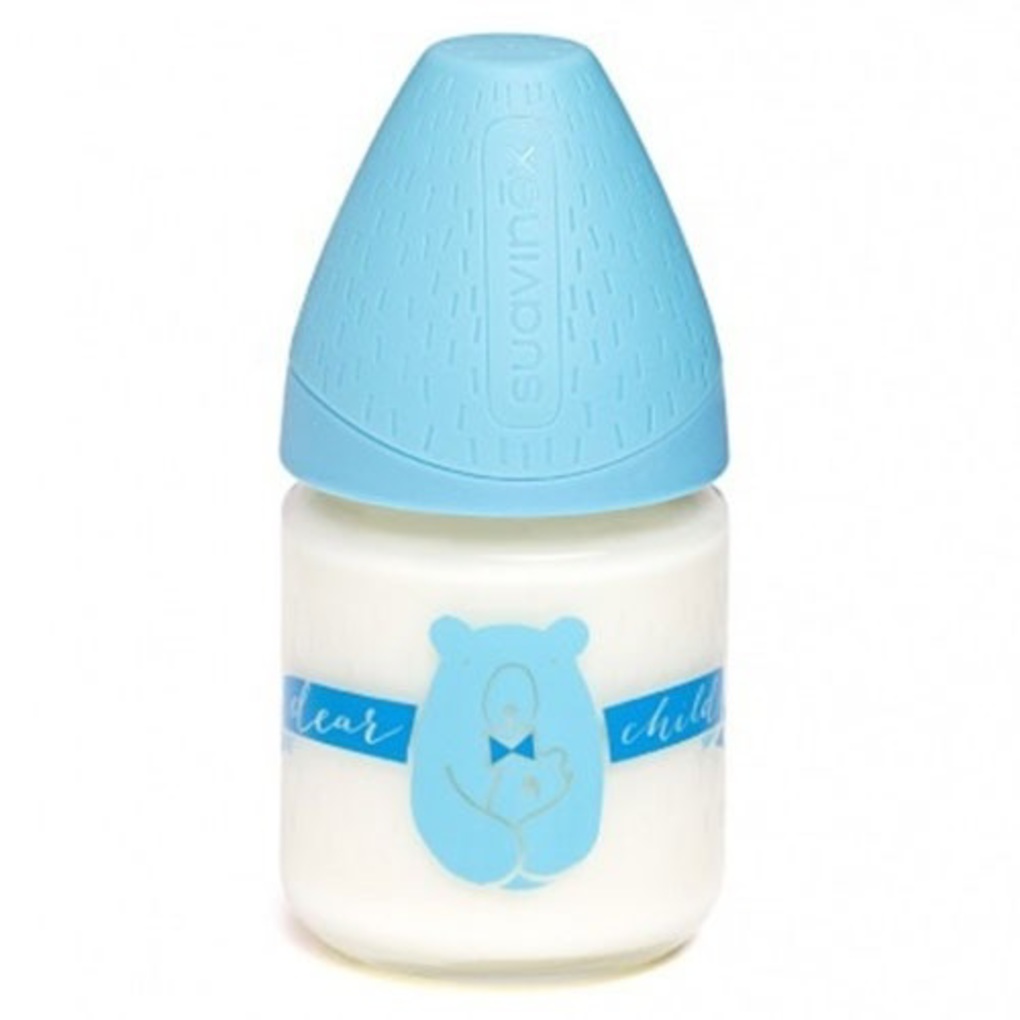 Suavinex γυάλινο μπιμπερό με ανατομική θηλή blue bear 120ml 0-6m