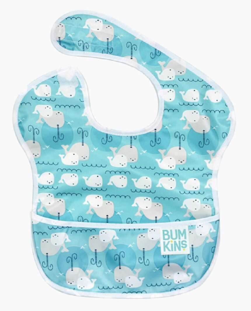 Bumkins waterproof superbib, whales, αδιάβροχη σαλιάρα, 6-24 μηνών, γαλάζιο-γκρί - BUMKINS