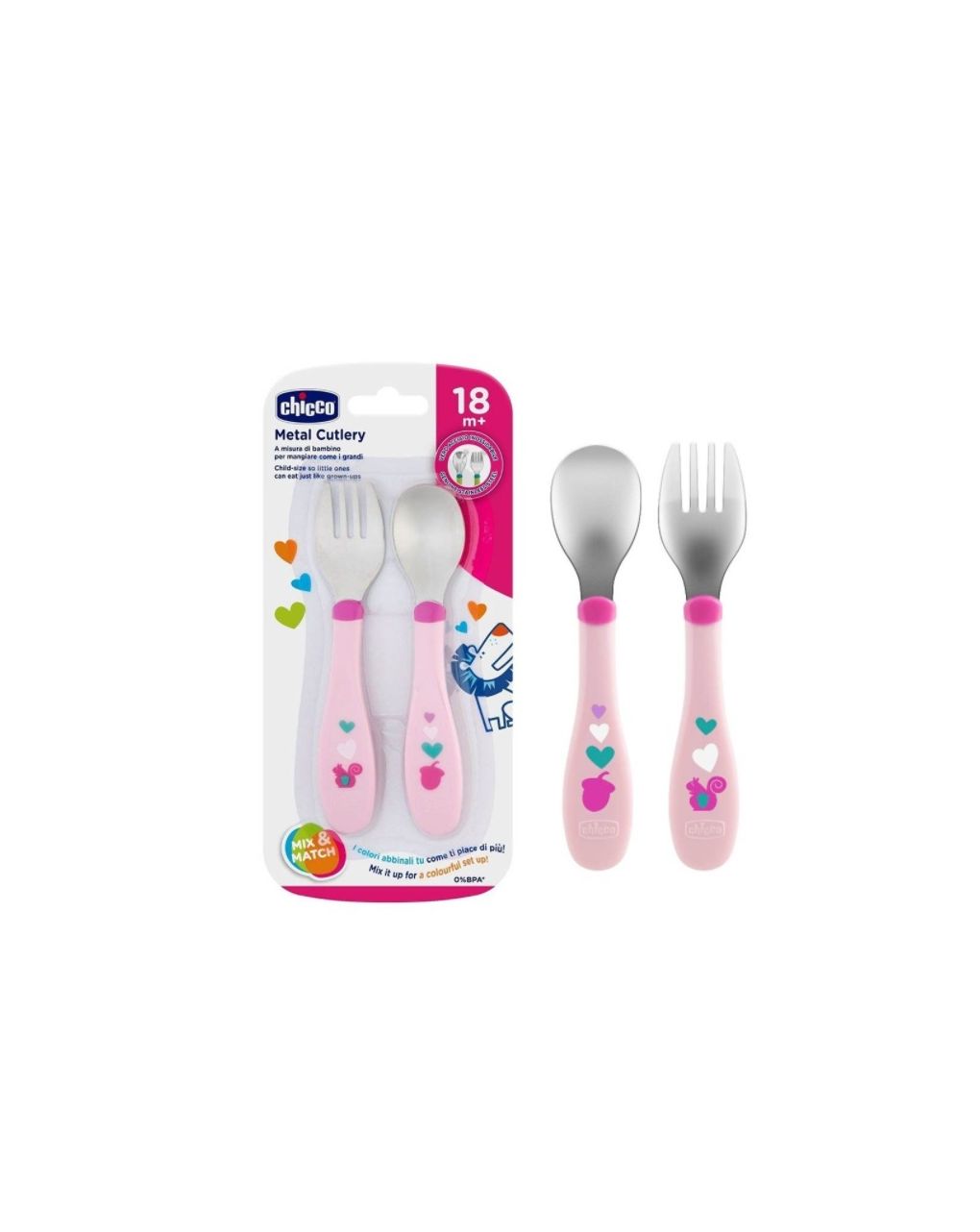 Chicco metal cutlery mix& match ροζ πιρούνι/κουτάλι 18m 2τμχ