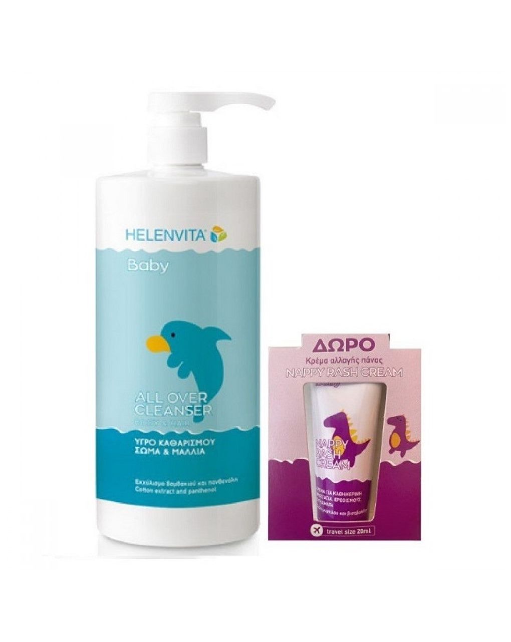 Helenvita πακέτο με baby all over cleanser υγρό καθαρισμού σώματος & μαλλιών, 1lt & nappy rash cream κρέμα για συγκάματα, 20gr προσφορά -40% - Helenvita