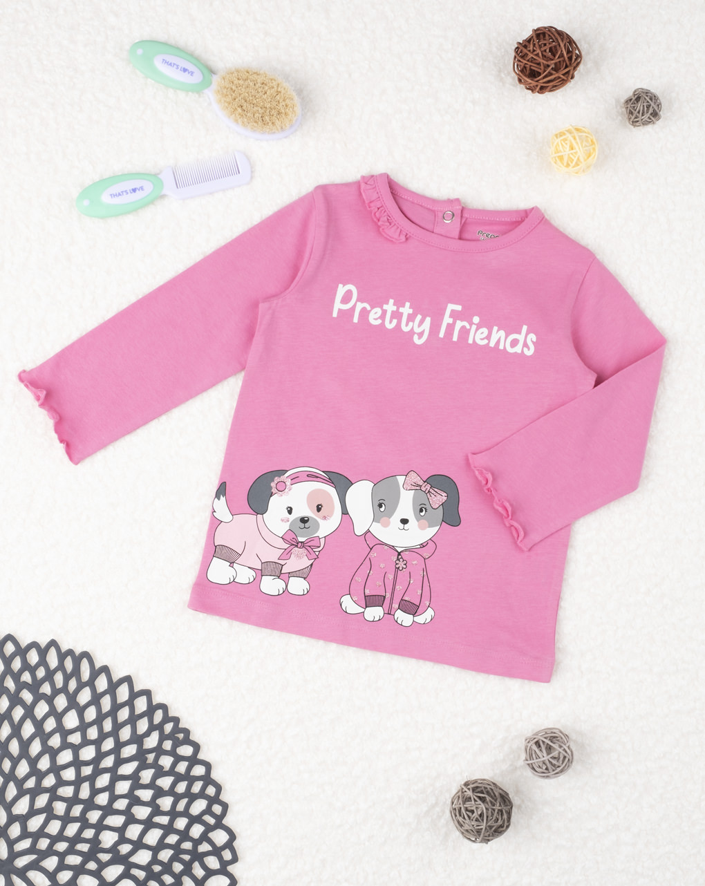 μπλούζα μακρυμάνικη ροζ με σκυλάκια για κορίτσι - Prénatal