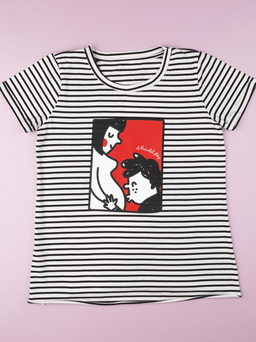γυναικείο t-shirt εγκυμοσύνης ριγέ ασπρόμαυρο με στάμπα - Prénatal