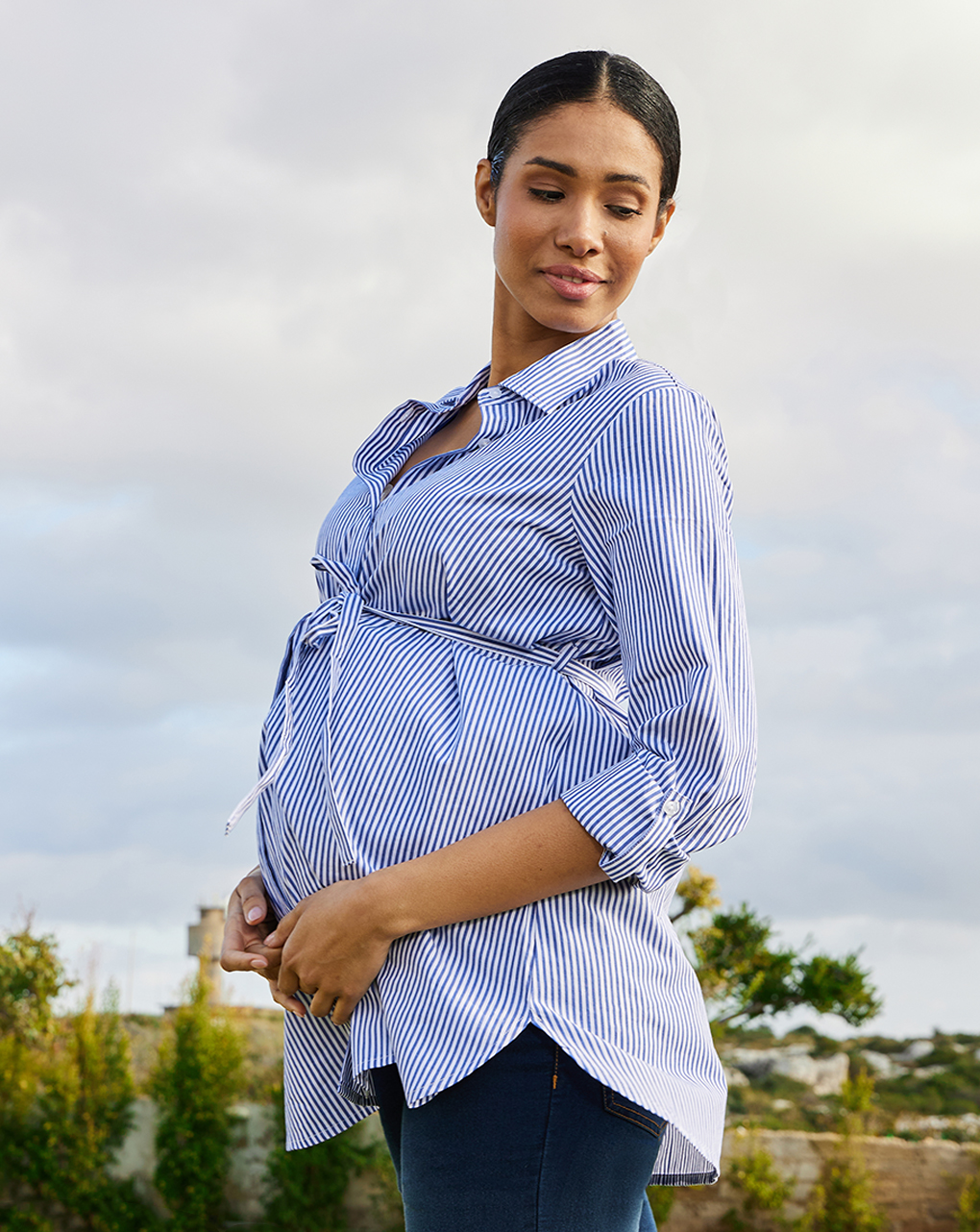 γυναικείο πουκάμισο εγκυμοσύνης/θηλασμού ριγέ μπλε/λευκό - Prénatal