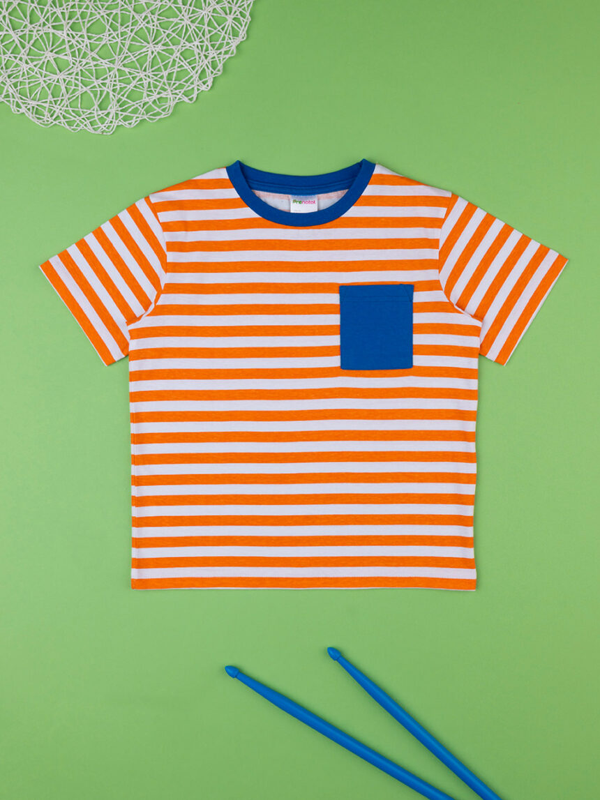 παιδικό t-shirt ριγέ πορτοκαλί/λευκό με τσέπη για αγόρι - Prénatal
