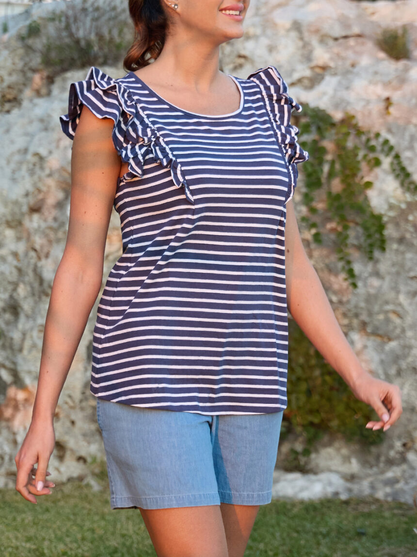 γυναικείο t-shirt εγκυμοσύνης/θηλασμού ριγέ λευκό/μπλε με βολάν - Prénatal