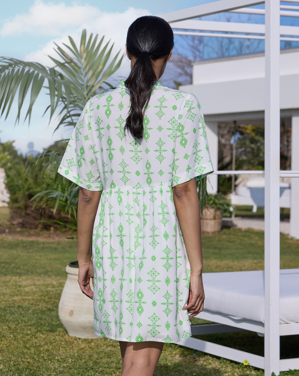 γυναικείο φόρεμα εγκυμοσύνης/θηλασμού λευκό με έθνικ μοτίβο πράσινο - Prénatal
