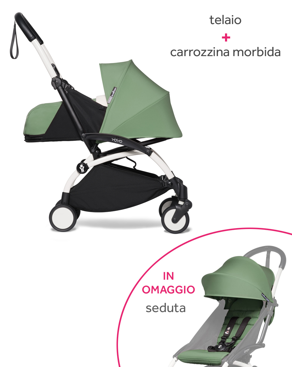 Telaio yoyo² white babyzen e navicella morbida peppermint + seduta peppermint in omaggio - Babyzen