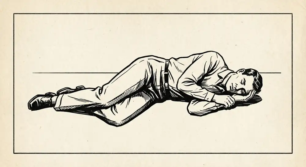 The recovery position — patient on their side with top knee bent and hand supporting the head