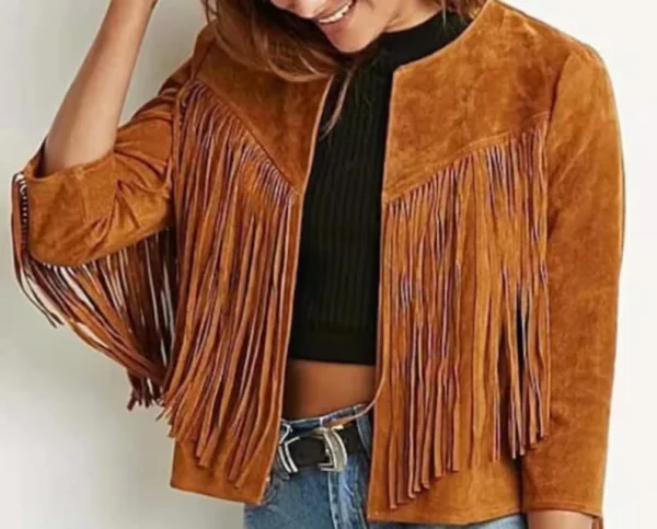 Brown Vegan Suede Fringe Jacket with Trim Sleeves & Style