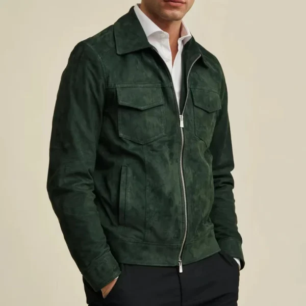 Handcrafted Green Suede Leather Jacket for Men - Image 3