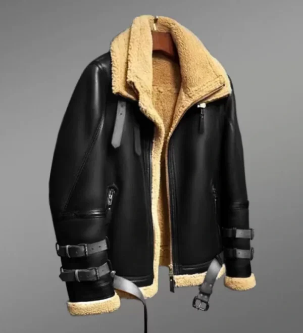 B3 RAF Black Men's Shearling Bomber Leather Flying Jacket - Image 2