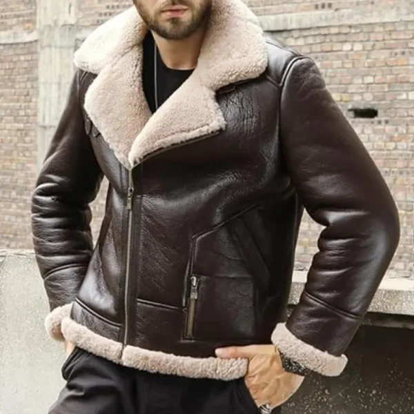 B3 RAF Brown Men's Shearling Bomber Leather Jacket - Image 3