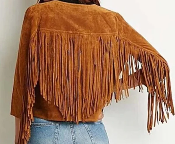 Brown Vegan Suede Fringe Jacket with Trim Sleeves & Style - Image 2