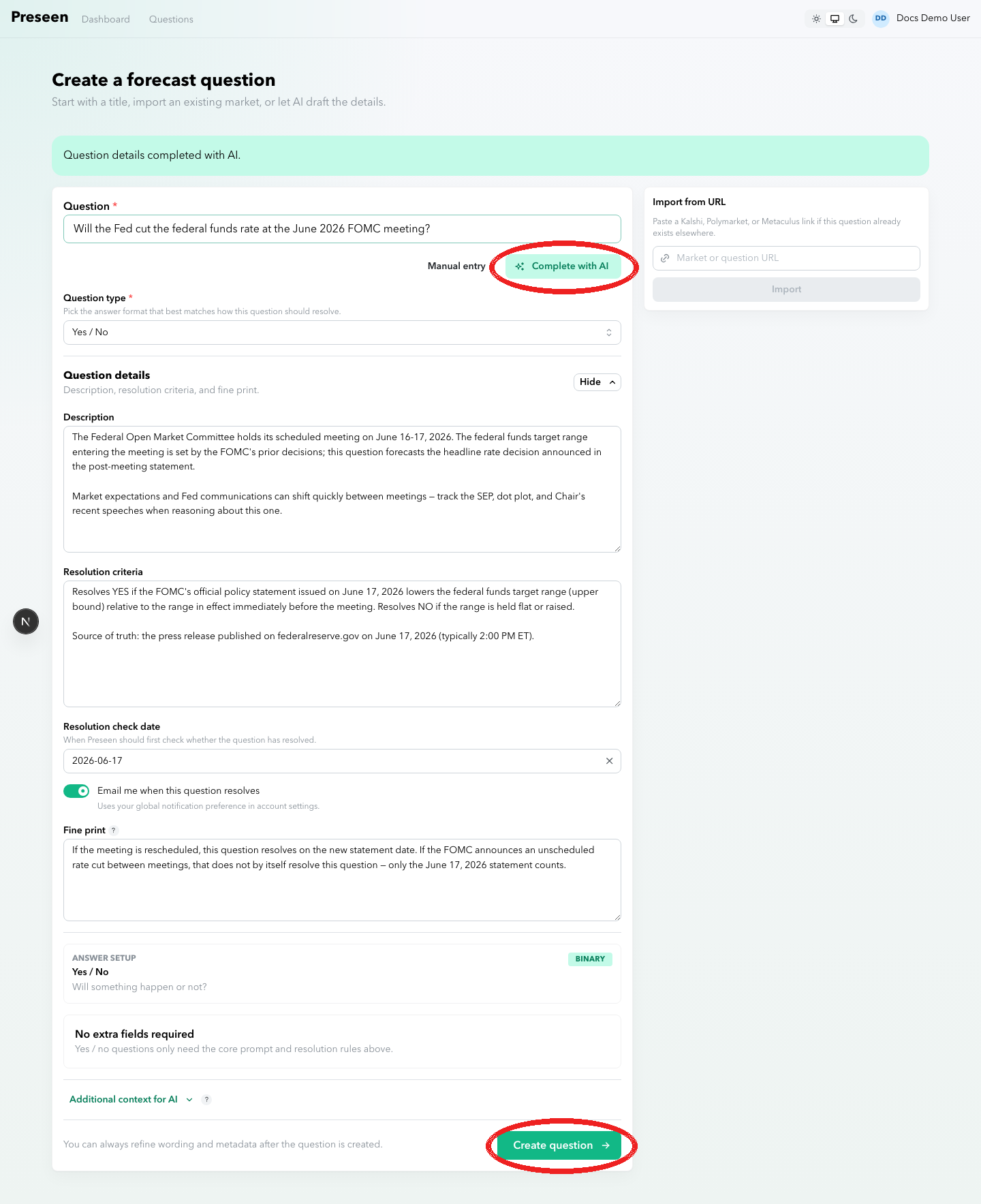 AI-completed question fields with Complete with AI and Create question highlighted