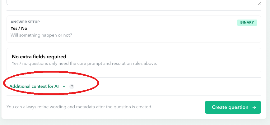 Additional context for AI setting highlighted at the bottom of the question form