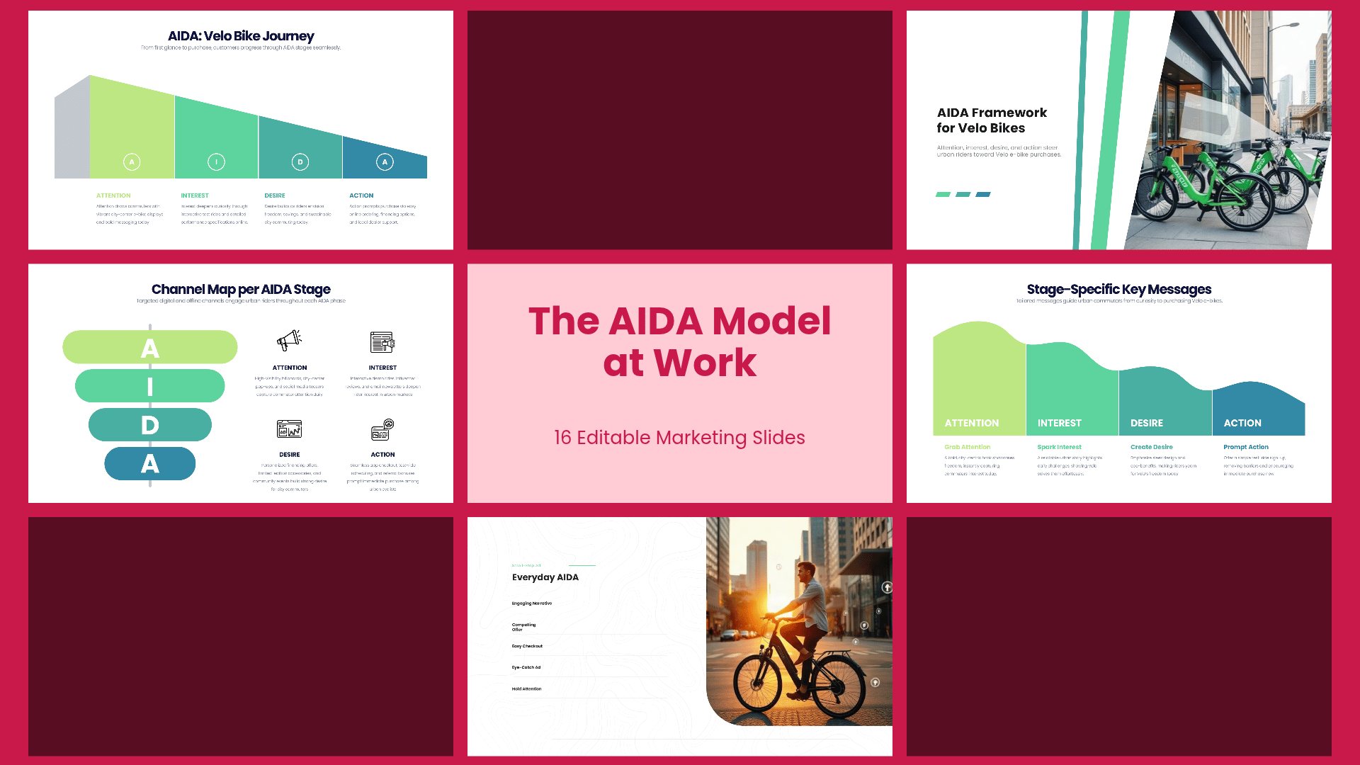 AIDA Marketing Model Deck PowerPoint template with 16 editable white and teal slides for the AIDA marketing model by Presentify