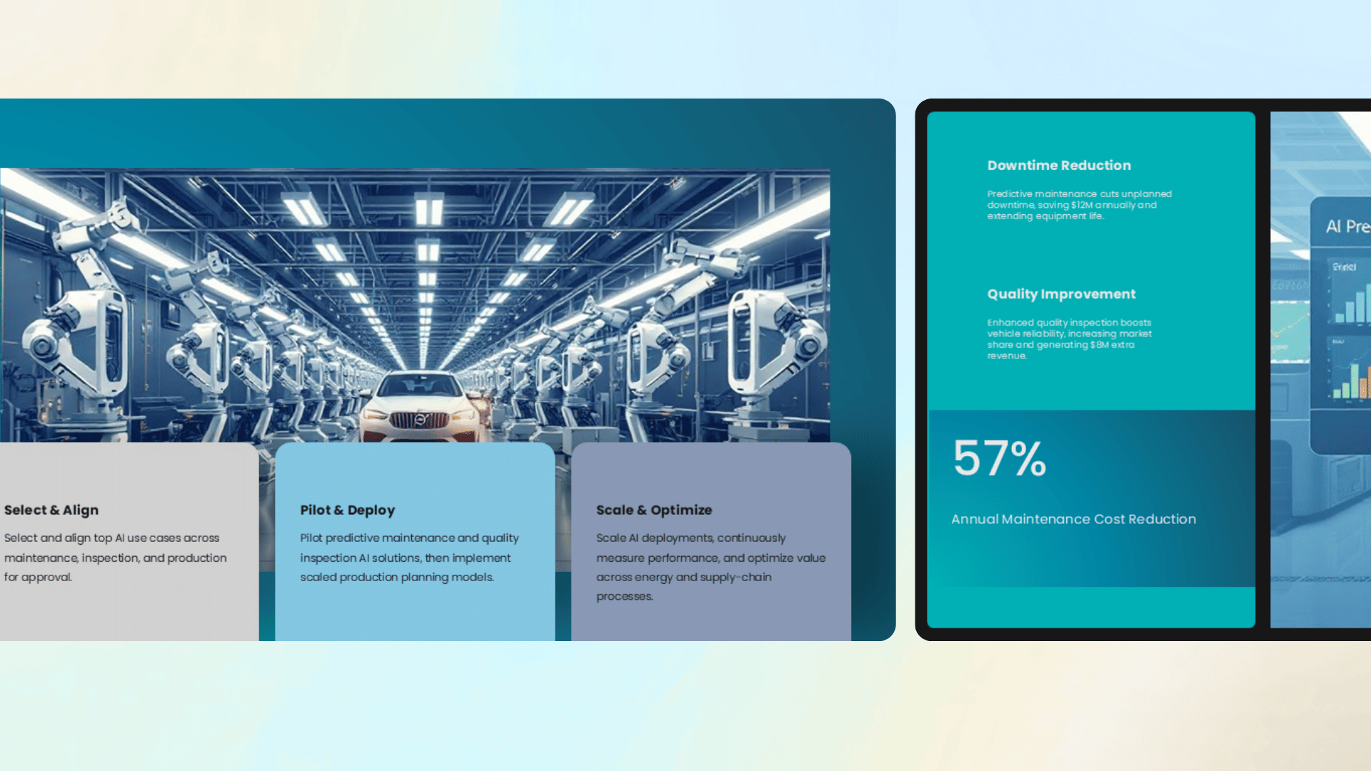 AI use case slides showing manufacturing applications, expected business benefits, performance metrics, and projected impact.