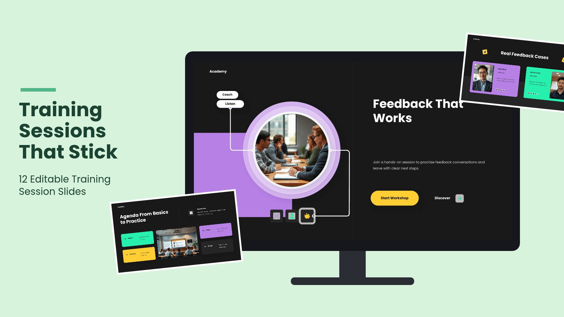 Academy Skills Training Session PowerPoint template with 12 editable dark and purple slides for skills training sessions by Presentify
