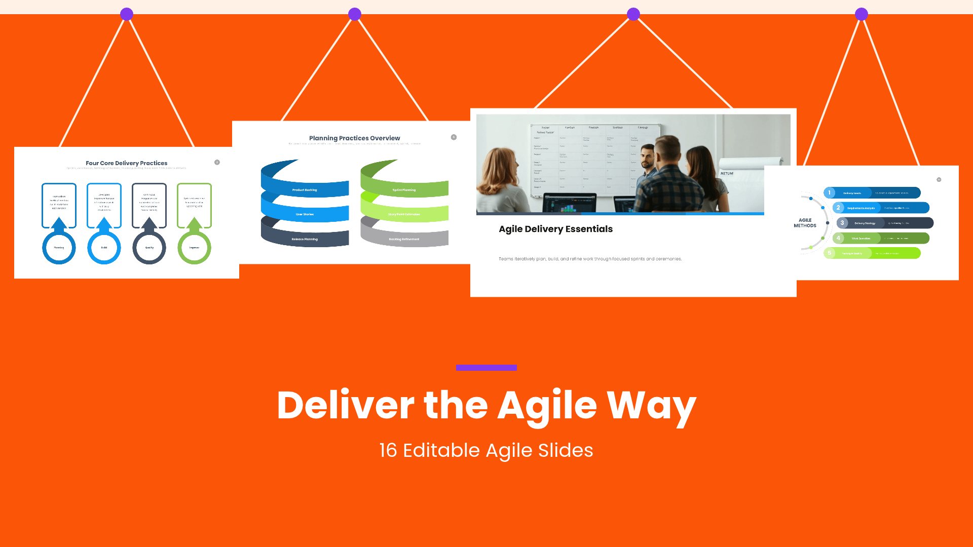 Agile Delivery Practices Deck PowerPoint template with 16 editable white and blue slides for agile delivery practices by Presentify
