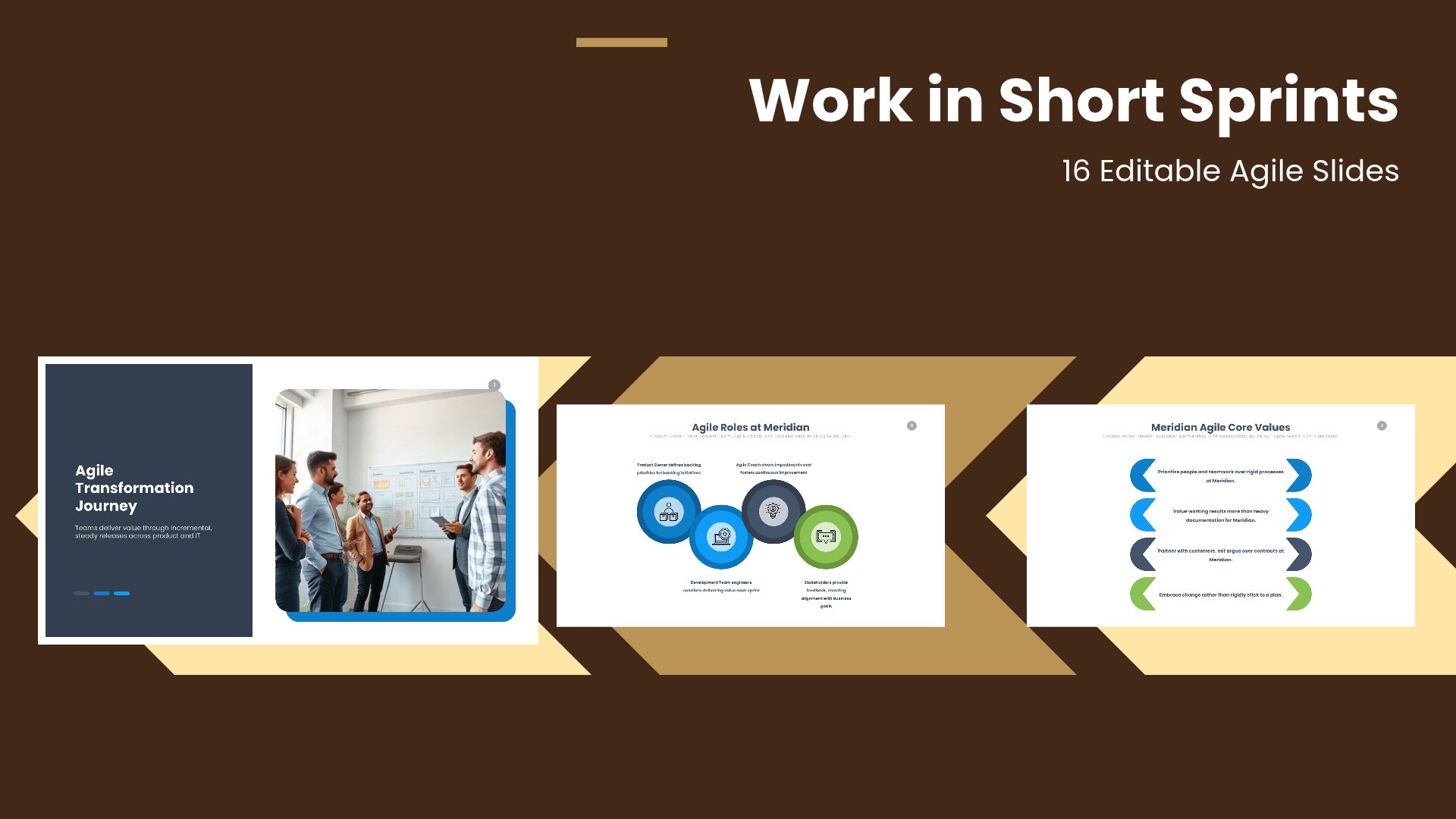 Agile Way Of Working Deck PowerPoint template with 16 editable white and blue slides for agile ways of working by Presentify
