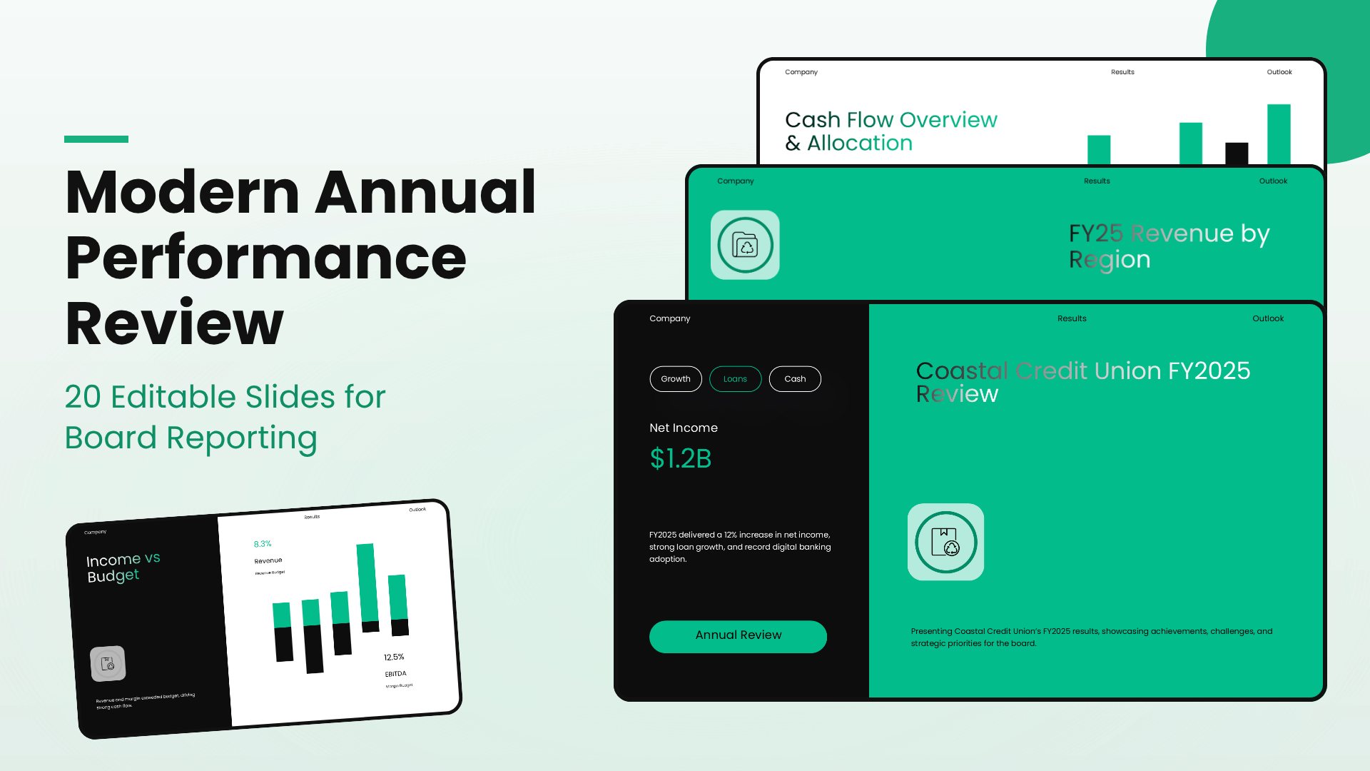 Annual Performance Review PowerPoint template with 20 editable black and emerald slides for board reporting by Presentify