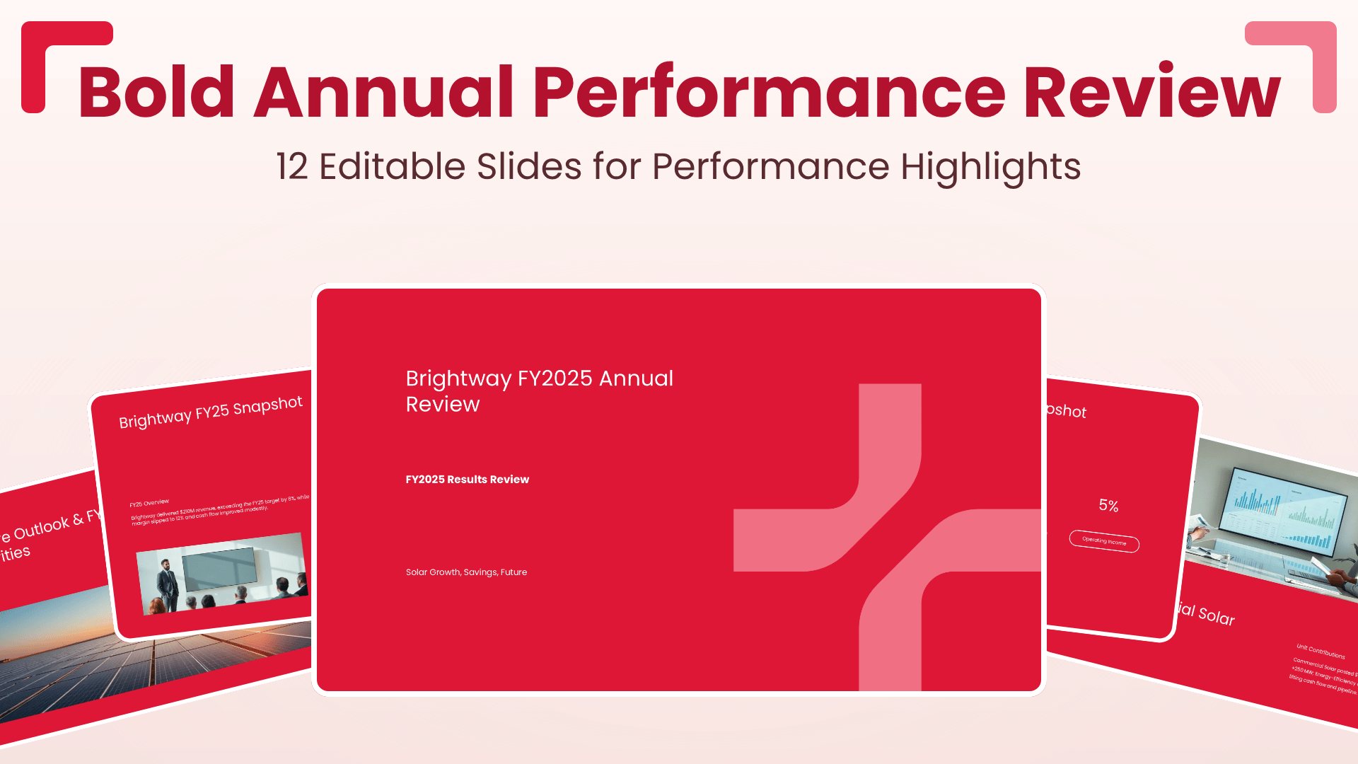 Annual Performance Review PowerPoint template with 12 editable red and pink slides for performance highlights by Presentify