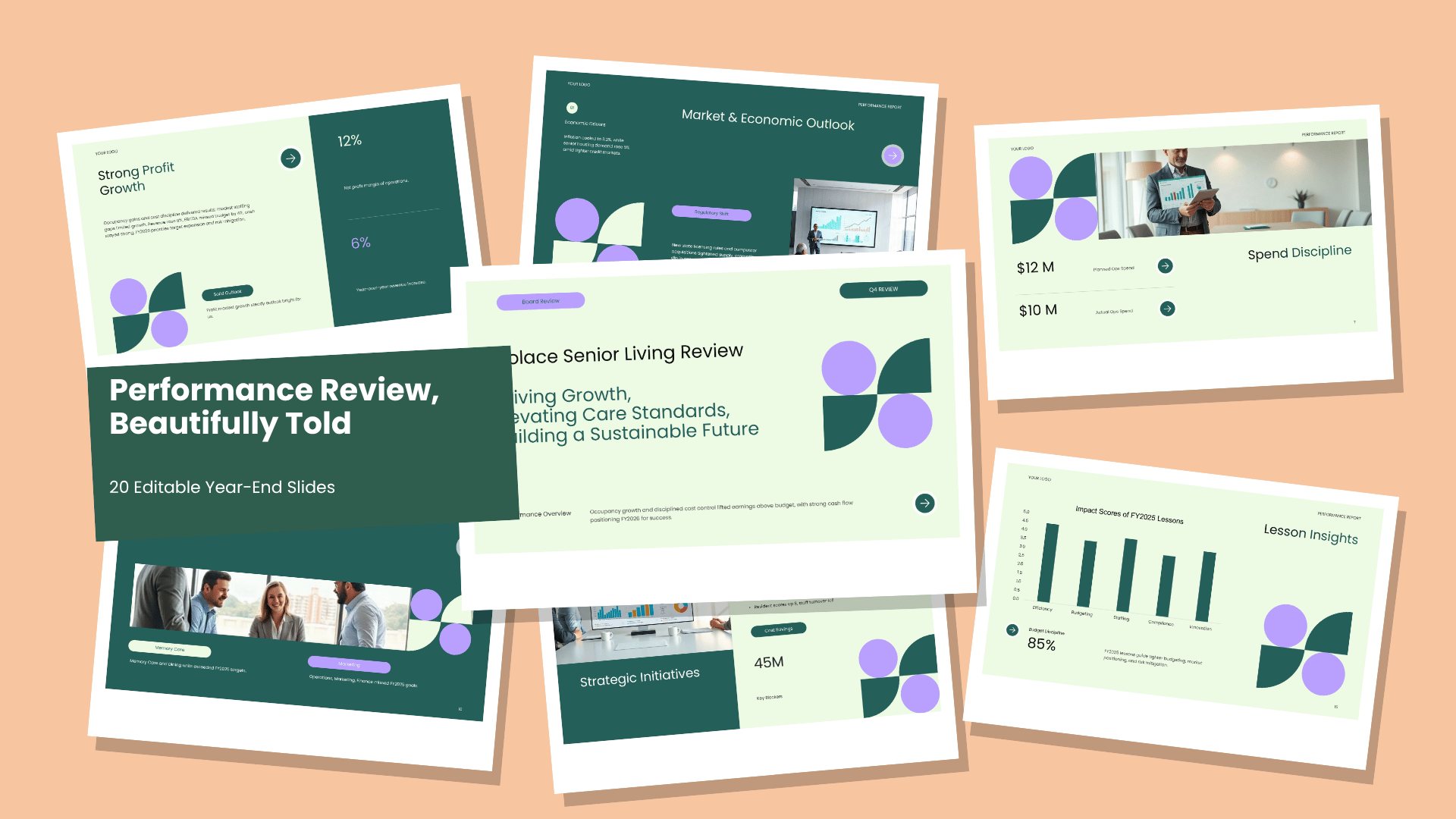 Annual Performance Review PowerPoint template with 20 editable forest green, pale mint and lavender slides by Presentify