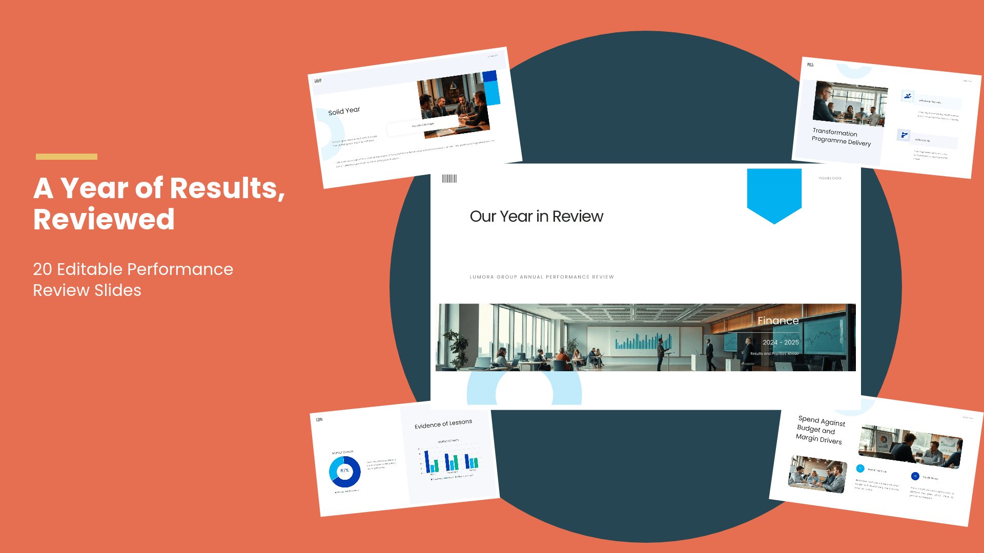 Annual Performance Review PowerPoint template with 20 editable white and blue slides for annual performance reviews by Presentify