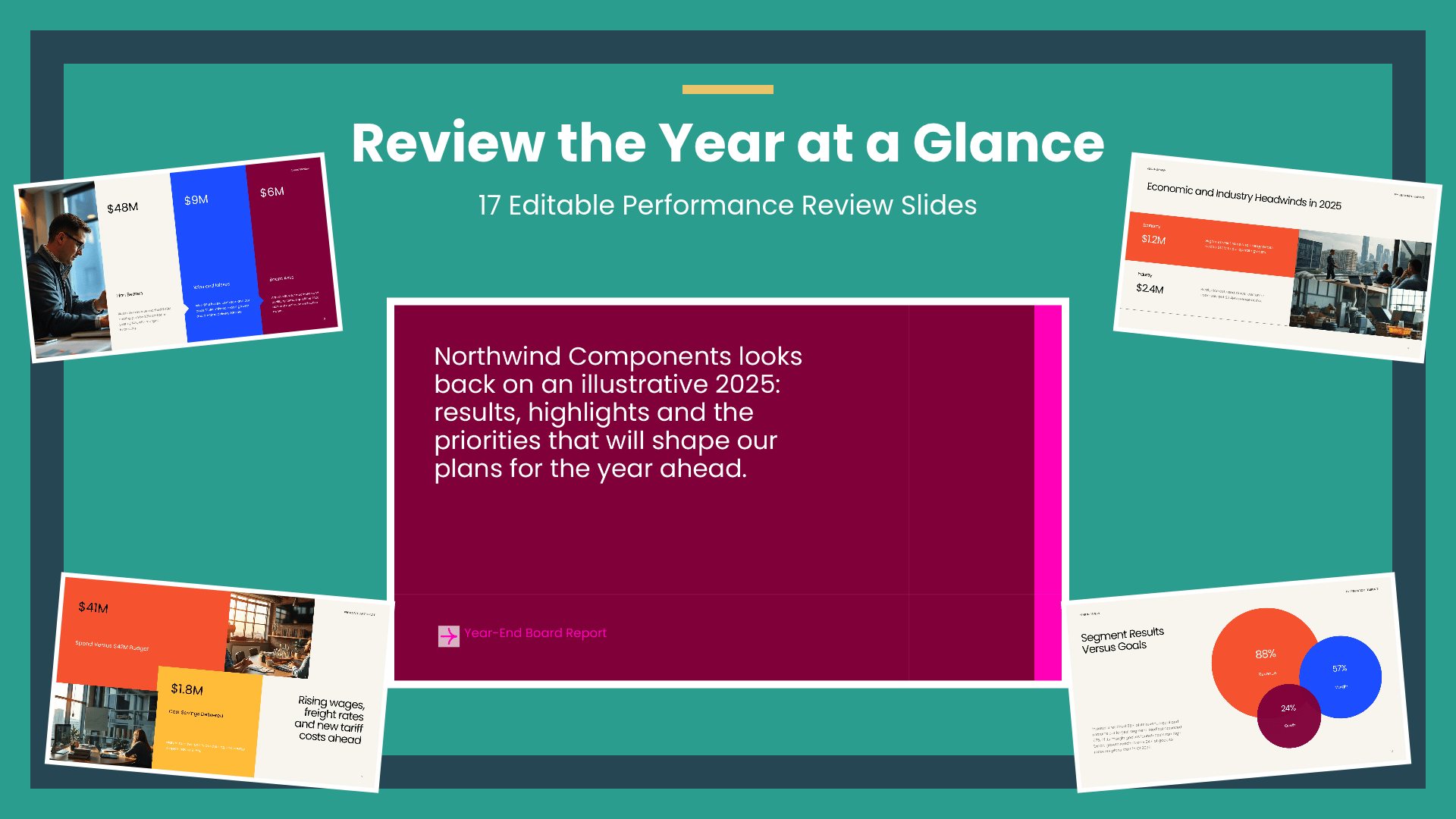 Annual Performance Review PowerPoint template with 17 editable white and red slides for annual results reviews by Presentify