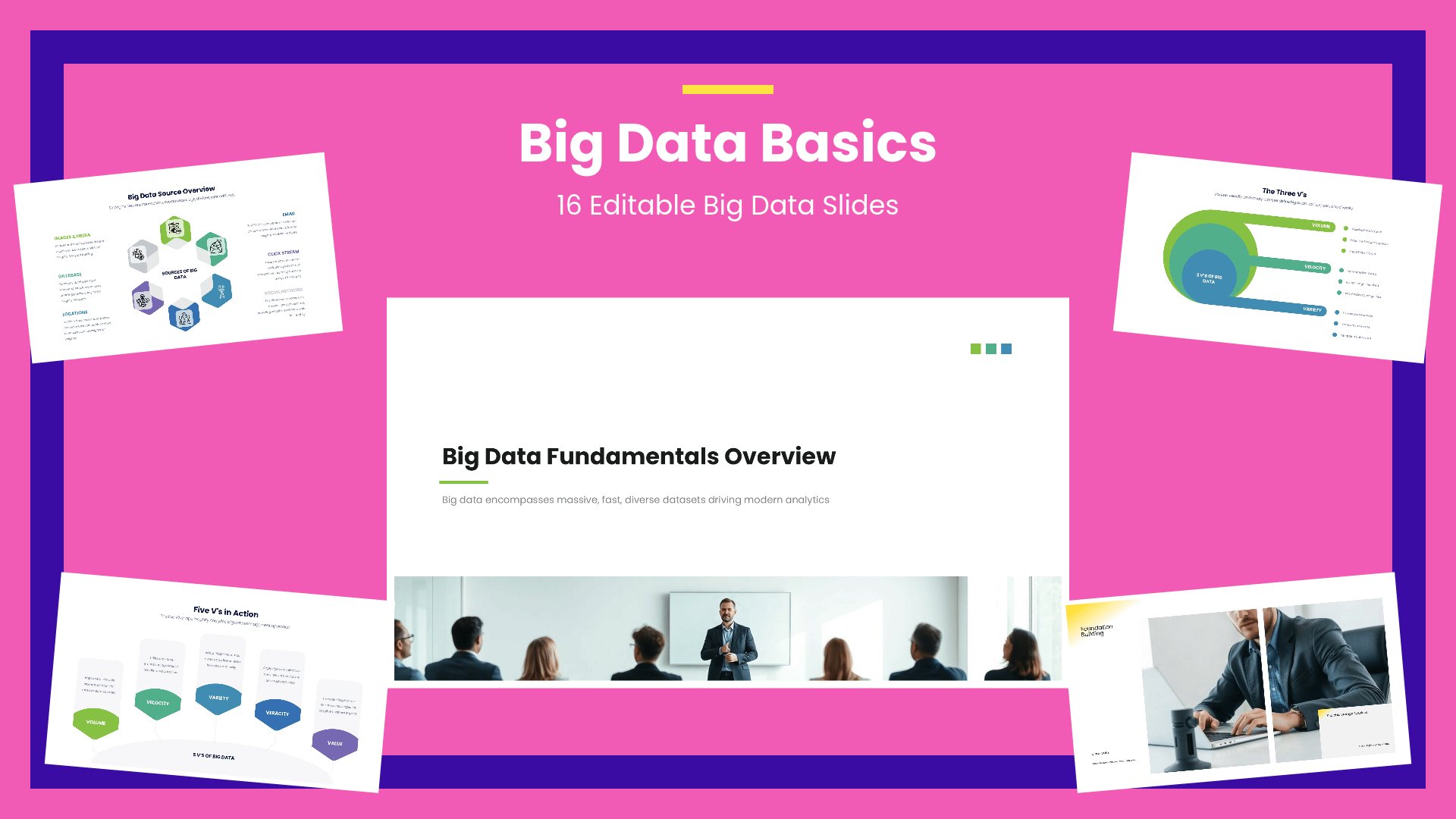 Big Data Fundamentals Deck PowerPoint template with 16 editable white and blue slides for big data fundamentals by Presentify