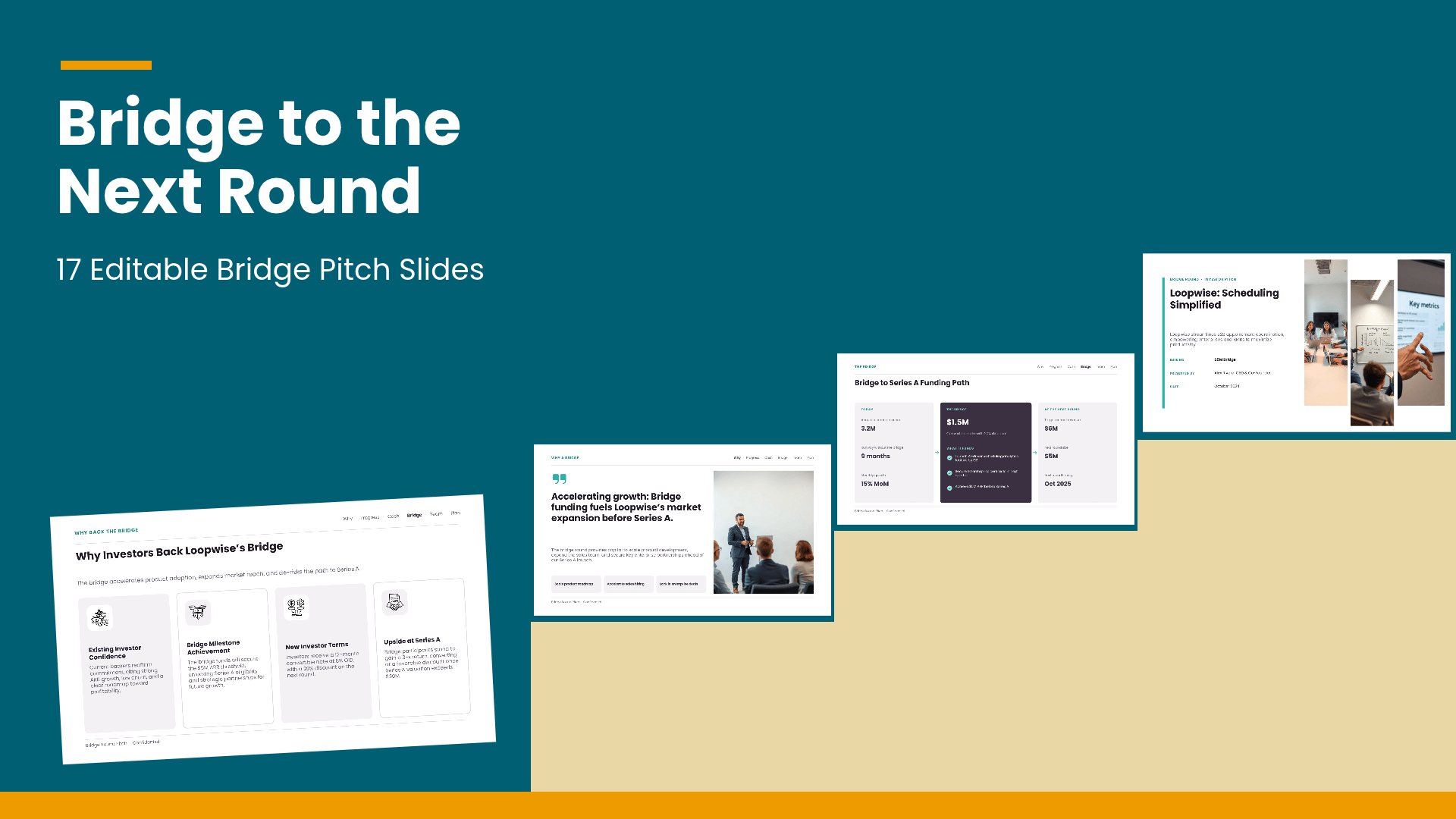 Bridge Round Pitch Deck PowerPoint template with 17 editable white and orange slides for bridge round fundraising by Presentify