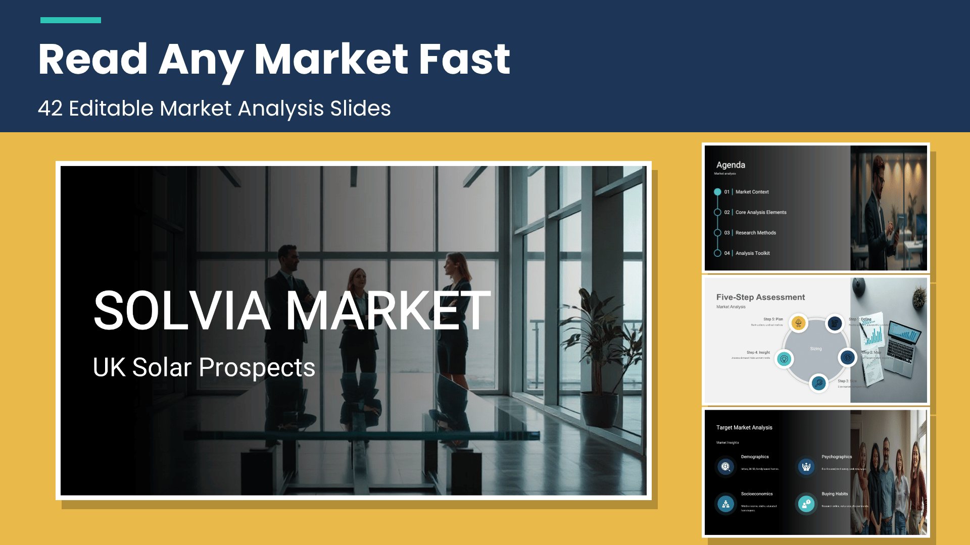 Business Market Analysis Toolkit PowerPoint template with 42 editable navy, grey and teal slides for market analysis and research by Presentify