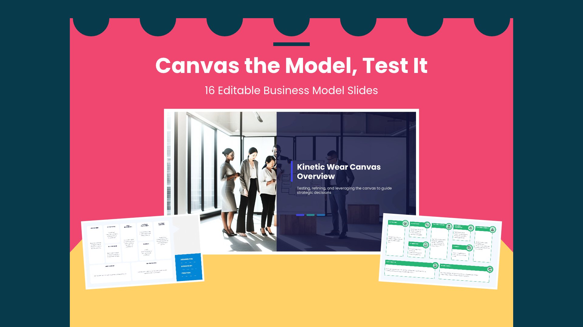 Business Model Canvas In Action Deck PowerPoint template with 16 editable white and teal slides for business model canvas in action by Presentify